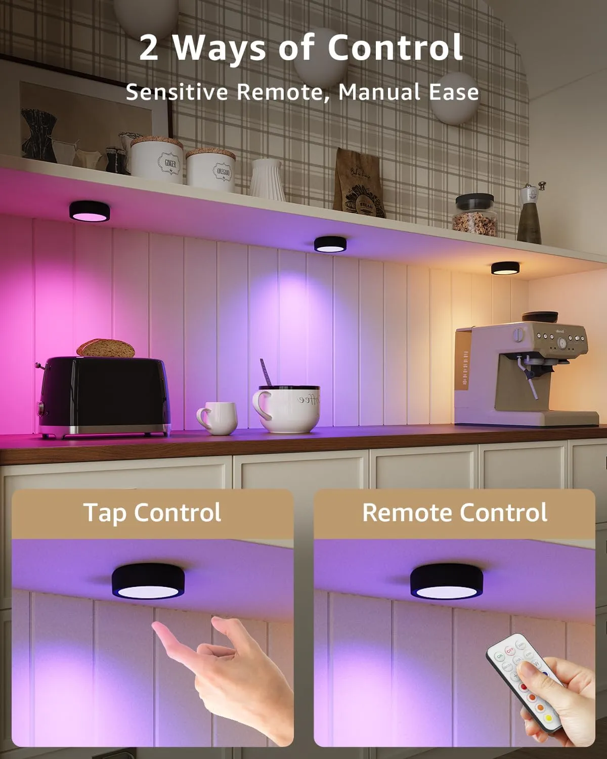 Rechargeable RGB Puck Lights with Remote, 2400mAh Battery Operated Tap Push Light Stick On for Closet Wireless LED Under Cabinet Kitchen Lights Magnetic Colored Touch Light for Classroom Display Shelf