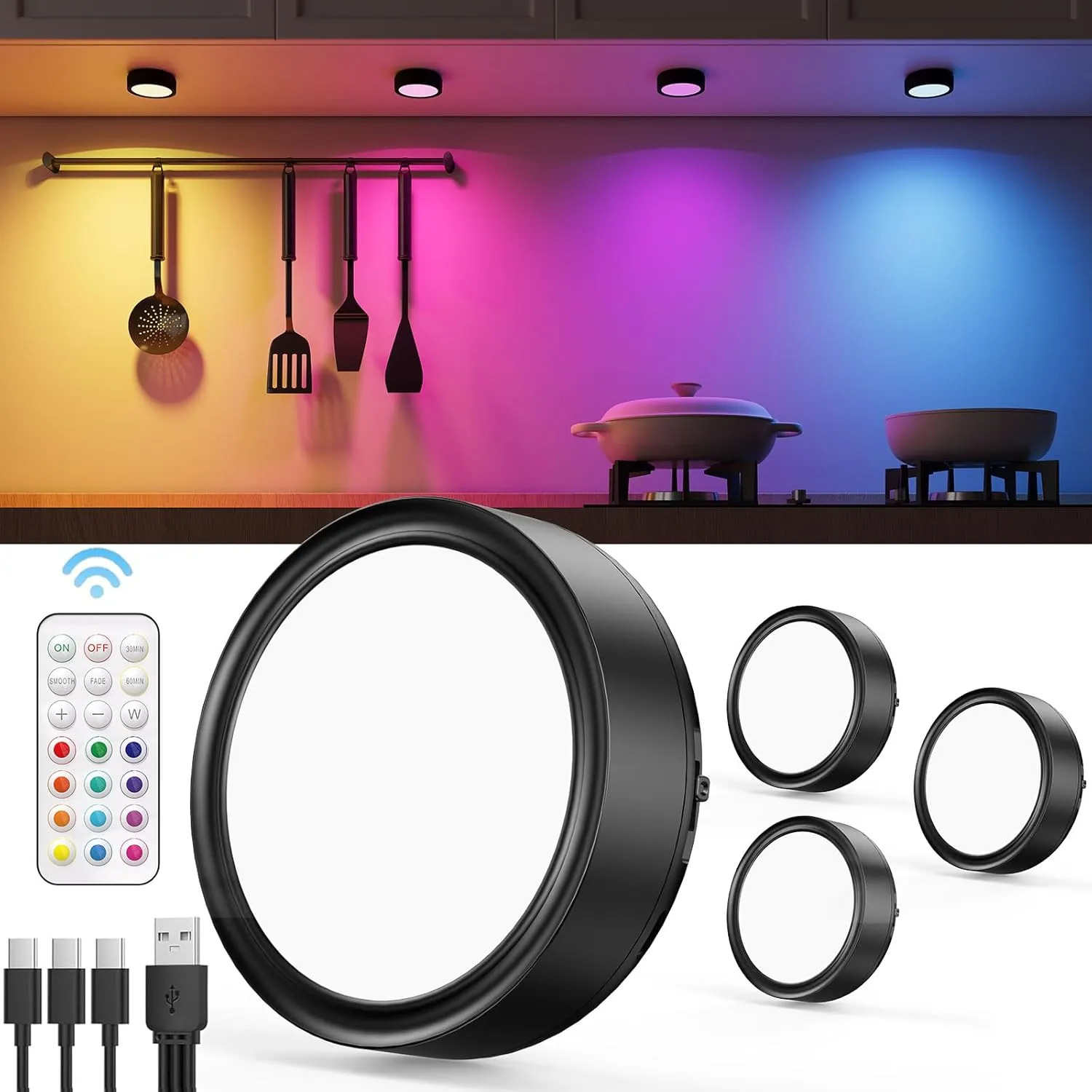 Rechargeable RGB Puck Lights with Remote, 2400mAh Battery Operated Tap Push Light Stick On for Closet Wireless LED Under Cabinet Kitchen Lights Magnetic Colored Touch Light for Classroom Display Shelf
