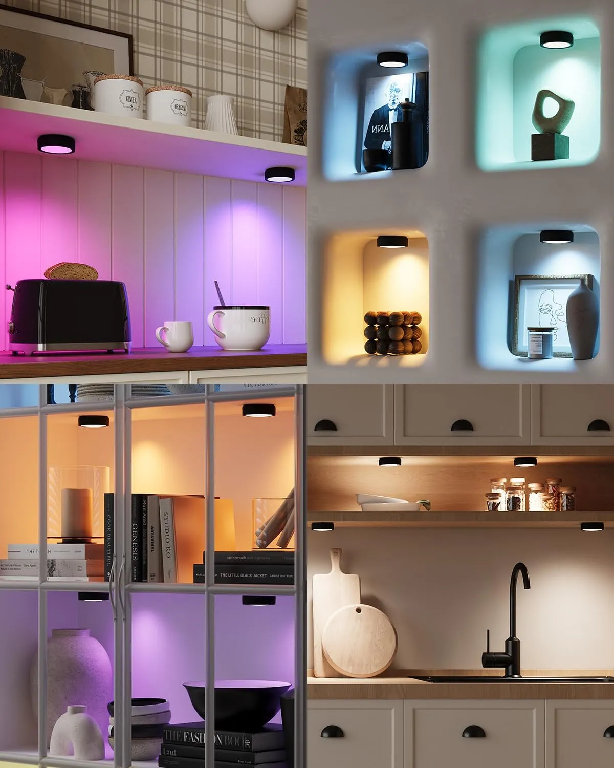 Rechargeable RGB Puck Lights with Remote, 2400mAh Battery Operated Tap Push Light Stick On for Closet Wireless LED Under Cabinet Kitchen Lights Magnetic Colored Touch Light for Classroom Display Shelf