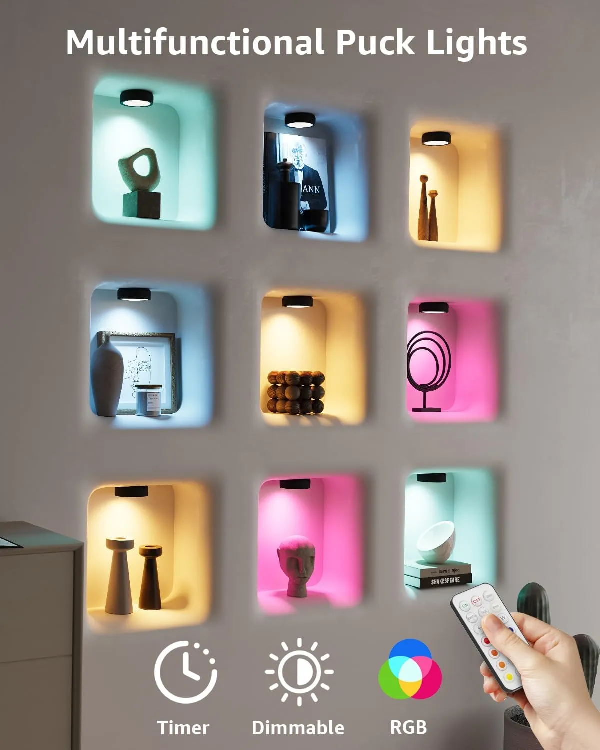Rechargeable RGB Puck Lights with Remote, 2400mAh Battery Operated Tap Push Light Stick On for Closet Wireless LED Under Cabinet Kitchen Lights Magnetic Colored Touch Light for Classroom Display Shelf