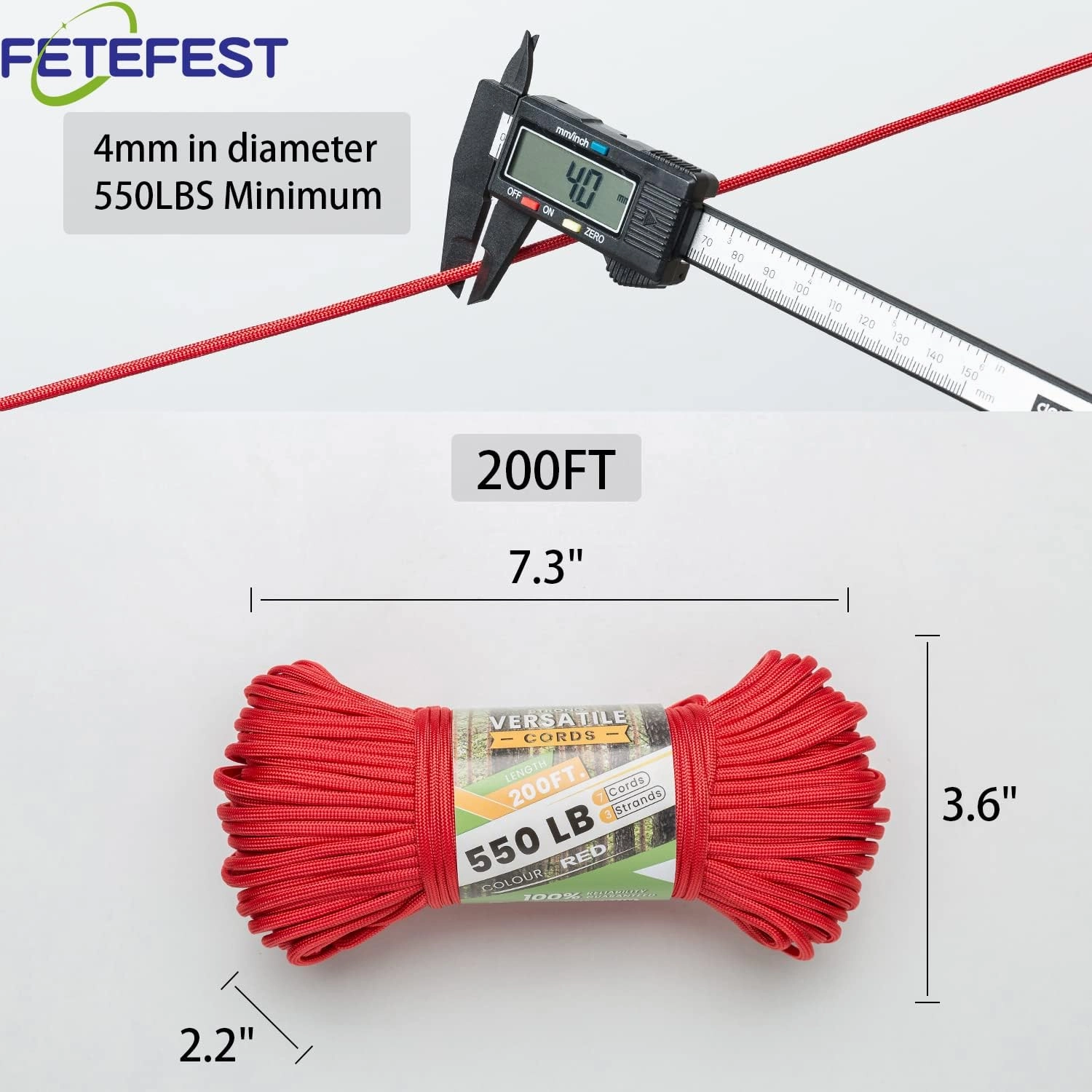 Red Paracord 550, Parachute Cord Mil-Spec 200FT, 100% Nylon Rope in Survival Gear and Equipment, Heavy Duty Rope for Bracelet, Leashes, Lanyards and Camping (Red, 200FT. Coiled in Bag)