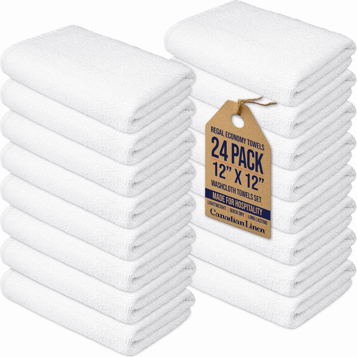 Regal Economy Washcloth 12x12, 24 Pack Absorbent Cotton Facecloth Lightweight Quick Dry White Terry Cleaning Face Towels for Bathroom Hotel Restaurant Kitchen Salon Spa Barber Shop Hair