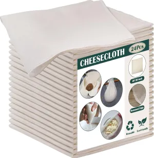 Reginary 24 Pcs 20 x 20 Inches Cheese Cloths Bulk, Grade 100, Hemmed Cheesecloth for Straining Unbleached Cotton Muslin Cloth Reusable for Cooking Baking Juicing Cheese Making