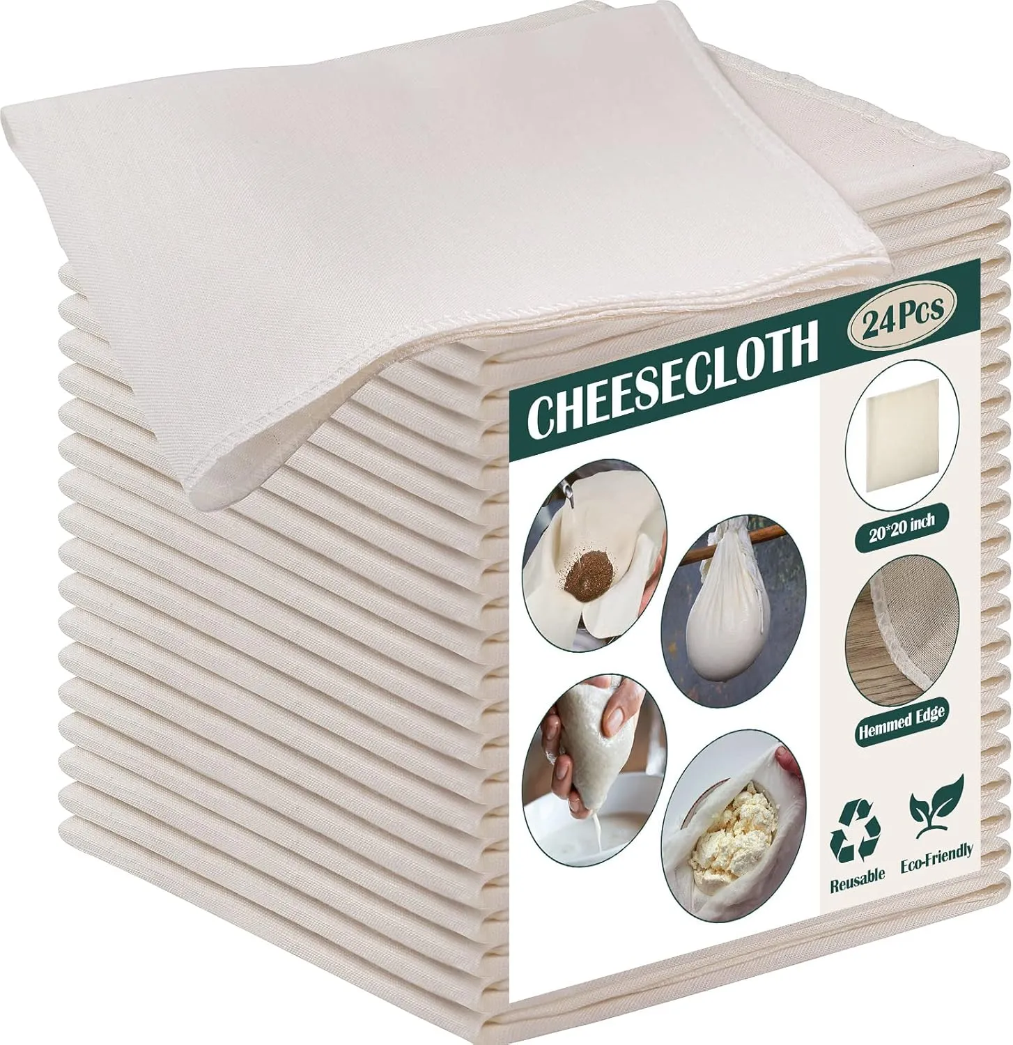 Reginary 24 Pcs 20 x 20 Inches Cheese Cloths Bulk, Grade 100, Hemmed Cheesecloth for Straining Unbleached Cotton Muslin Cloth Reusable for Cooking Baking Juicing Cheese Making