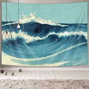 Retro Ocean Tapestry Wall Hanging, Vintage Blue Watercolor Ocean Waves Wall Art Tapestries, Japanese Anime Sea Wave Wall Decor Indian Tapestry for Bedroom Aesthetic Home Dorm, Wall Blanket,80"x60"