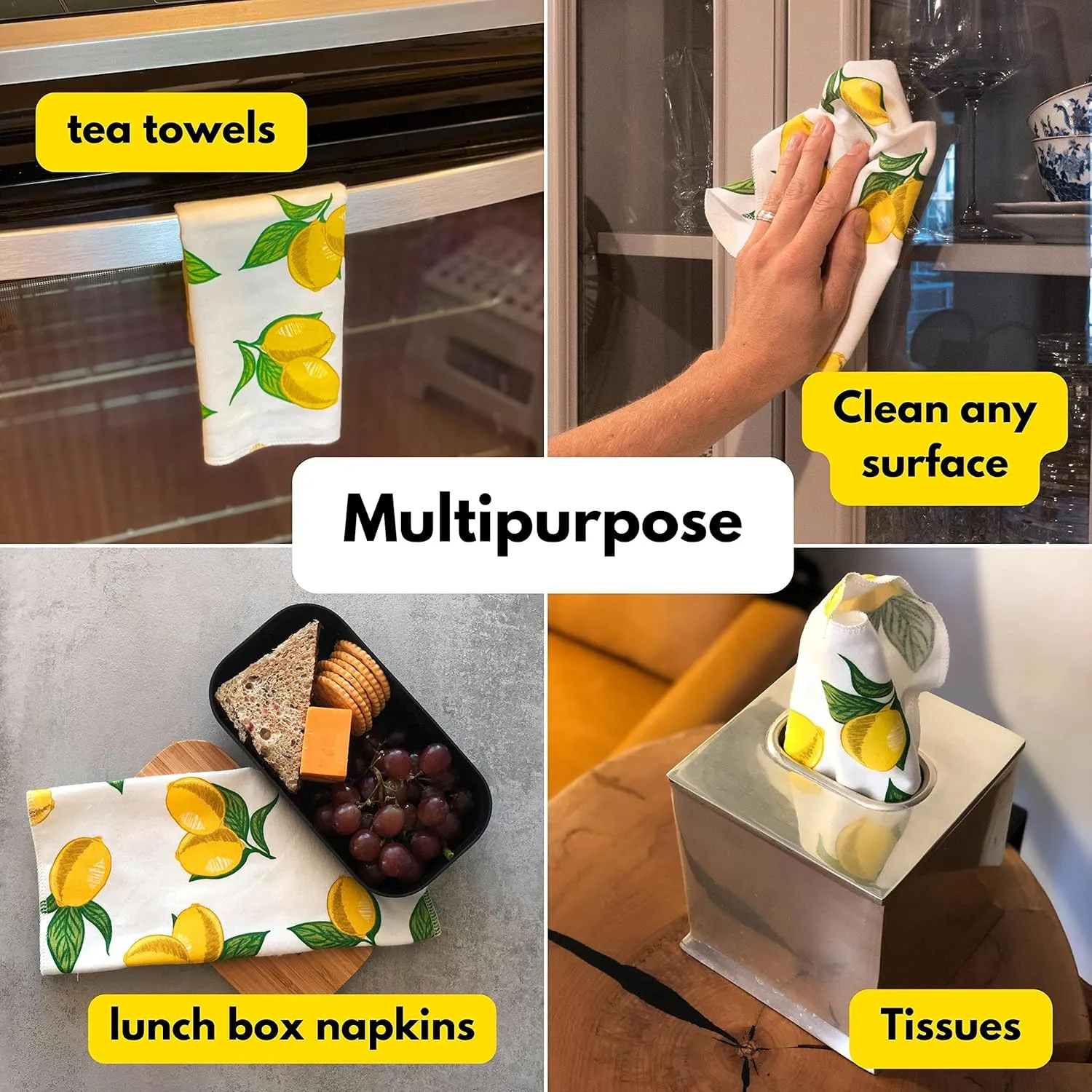 Reusable Paper Towels - 10 Pack - Roll of Washable Cotton Cloth Paper Towels - Paperless Reusable Napkins Cloth Washable - Absorbent   Long Lasting - Zero Waste Products - (Lemon)