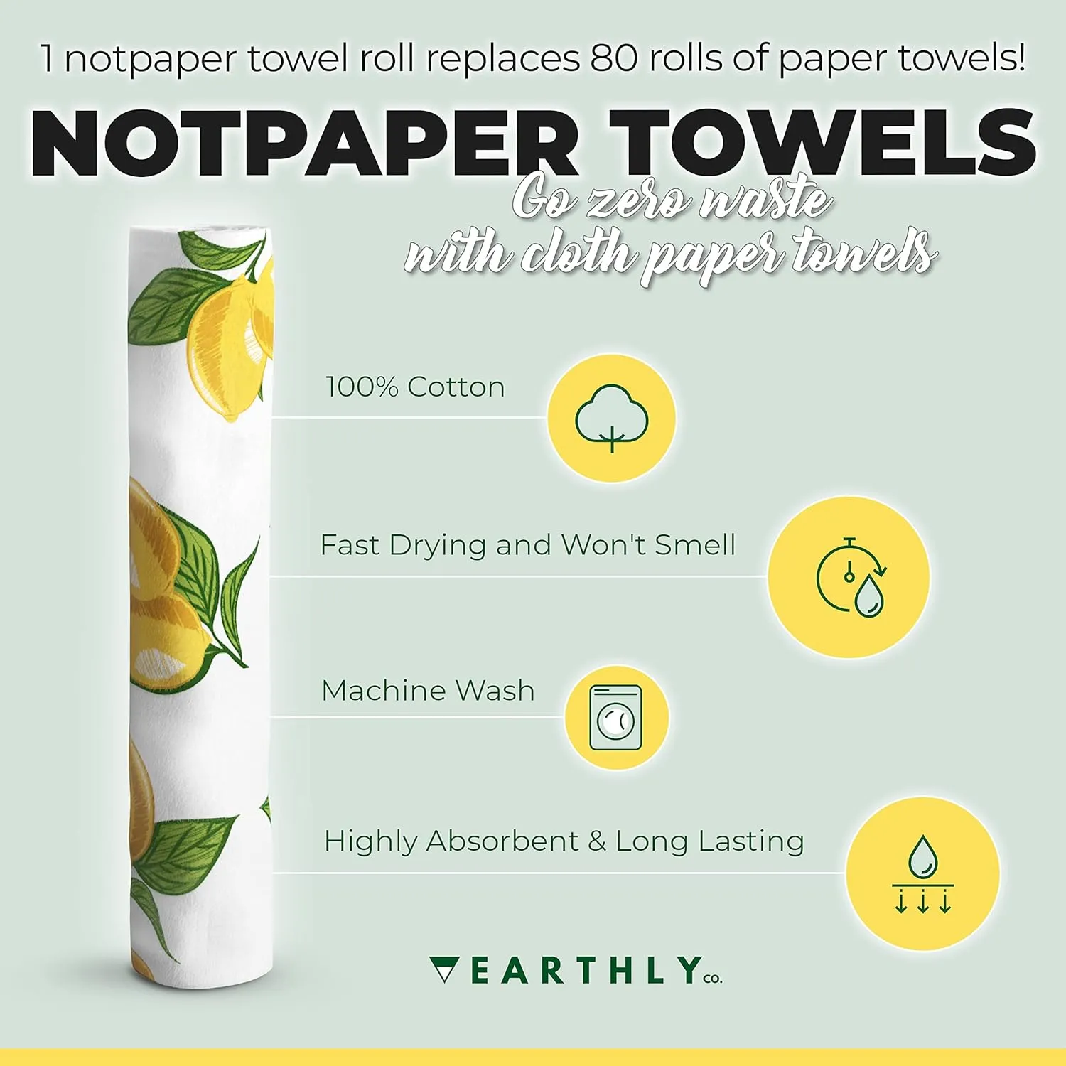 Reusable Paper Towels - 10 Pack - Roll of Washable Cotton Cloth Paper Towels - Paperless Reusable Napkins Cloth Washable - Absorbent   Long Lasting - Zero Waste Products - (Lemon)