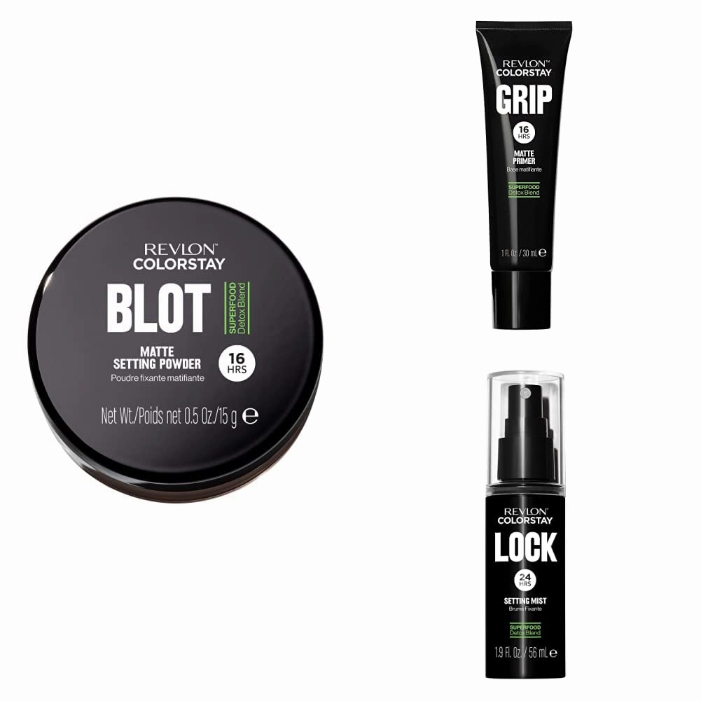 Revlon ColorStay Blot Face Powder, Grip Primer, & 24 Hr Lock Setting Mist; Mattifying, Blurs Imperfections & Reduces Pore Appearance