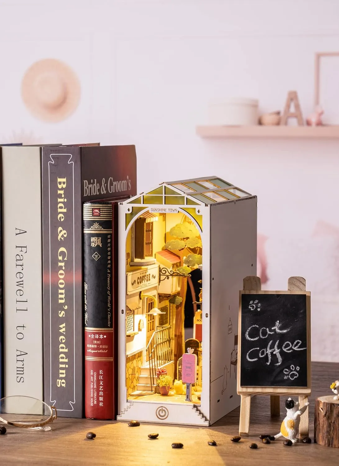 ROBOTIME Book Nook Kit DIY Miniature Dollhouse Booknook Kit 3D Wooden Puzzle Bookend Bookshelf Insert Decor with LED Light for Teens and Adults (Sunshine Town)
