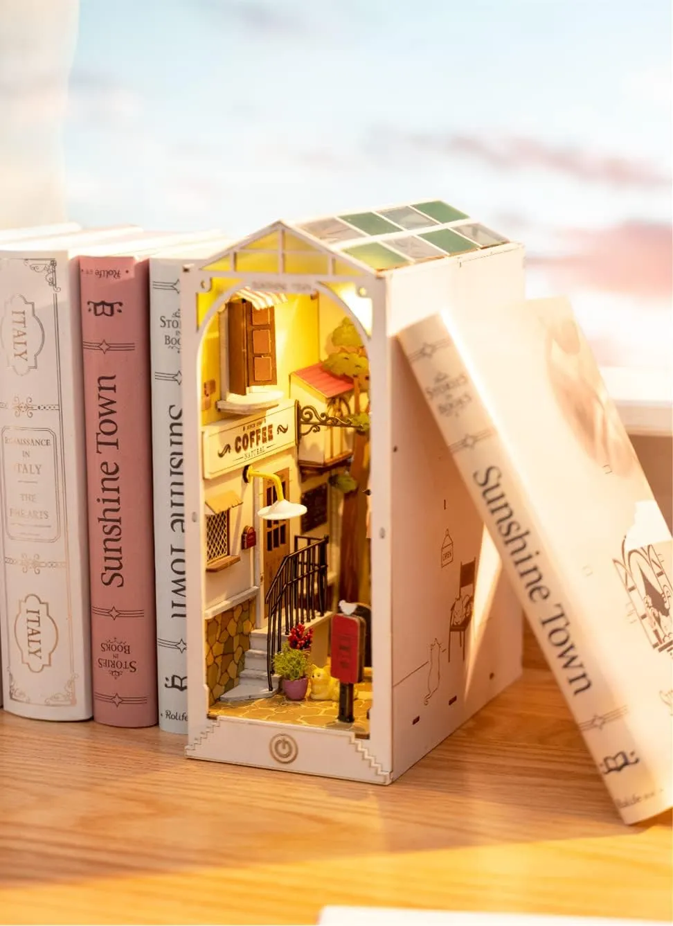 ROBOTIME Book Nook Kit DIY Miniature Dollhouse Booknook Kit 3D Wooden Puzzle Bookend Bookshelf Insert Decor with LED Light for Teens and Adults (Sunshine Town)