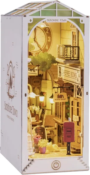 ROBOTIME Book Nook Kit DIY Miniature Dollhouse Booknook Kit 3D Wooden Puzzle Bookend Bookshelf Insert Decor with LED Light for Teens and Adults (Sunshine Town)