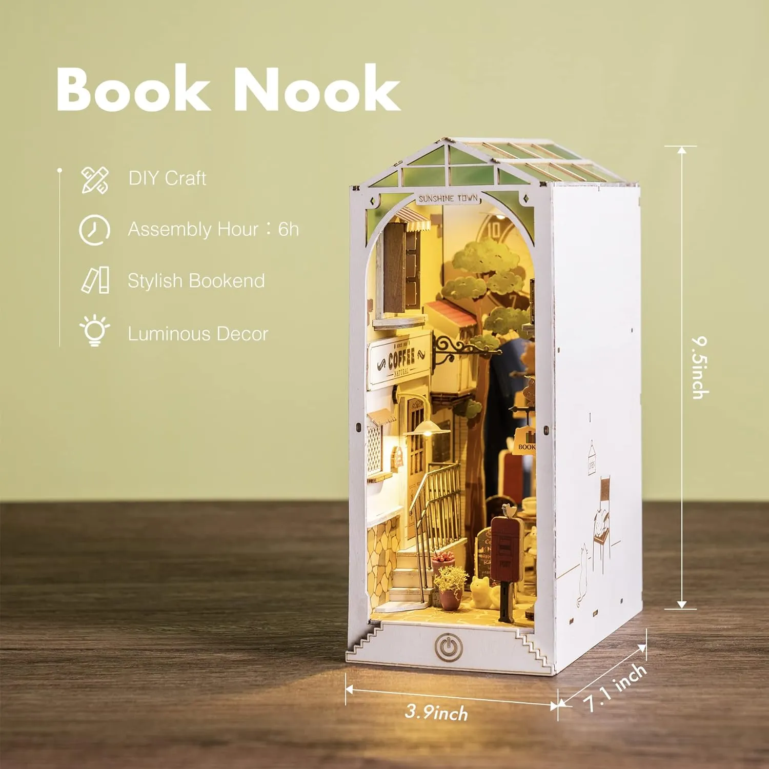 ROBOTIME Book Nook Kit DIY Miniature Dollhouse Booknook Kit 3D Wooden Puzzle Bookend Bookshelf Insert Decor with LED Light for Teens and Adults (Sunshine Town)