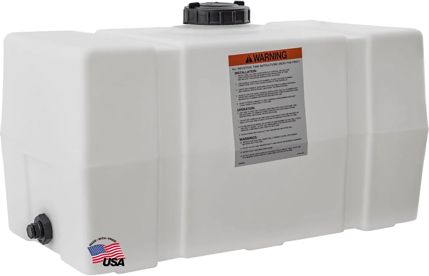 RomoTech 82123919 Horizontal Square Reservoir Water Tank, 50 gallon, Made in USA, Natural Poly Tank For Non-Flammable Liquids, UV-Resistant, Ideal for Agricultural Use, RV Water Storage