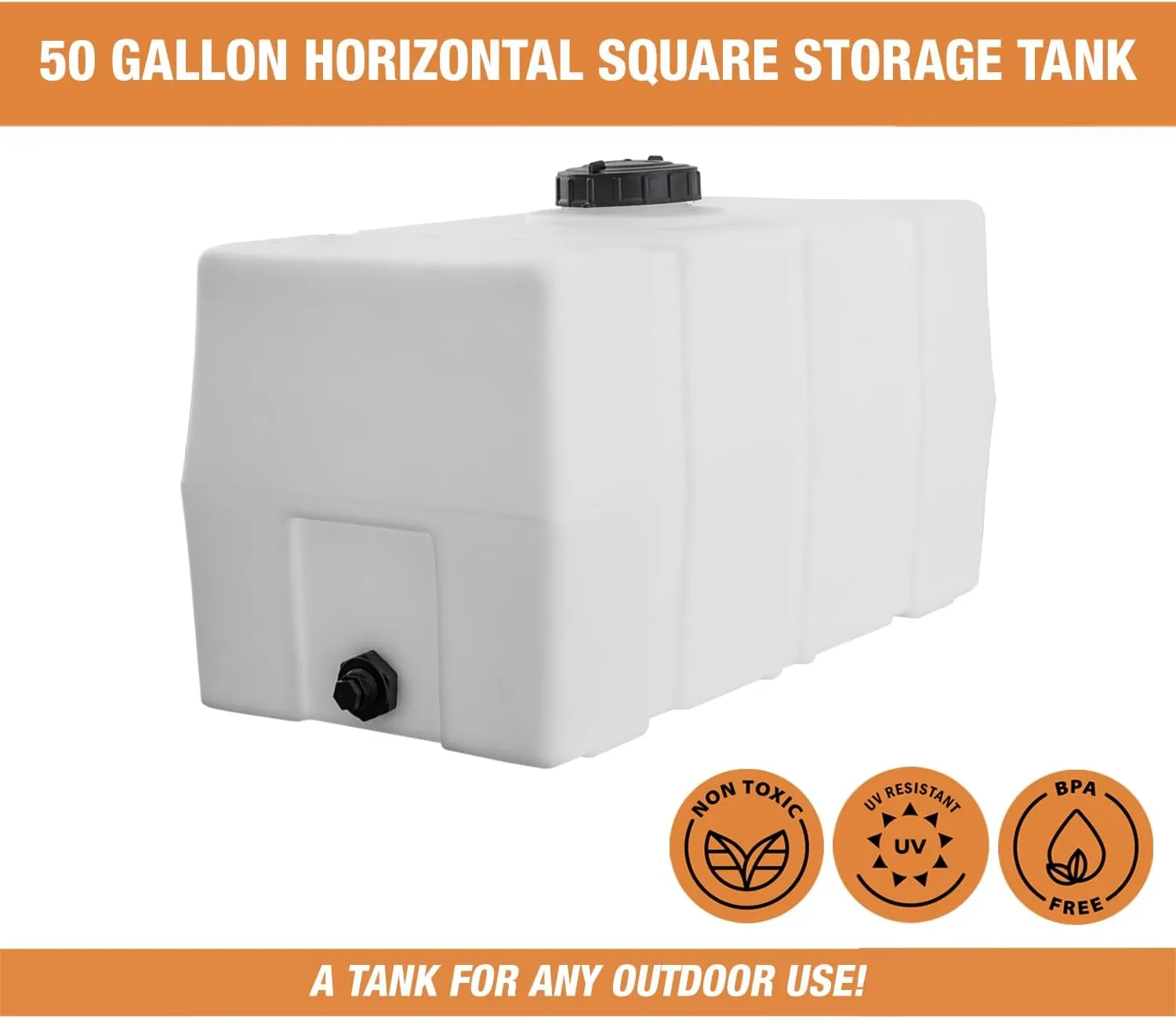 RomoTech 82123919 Horizontal Square Reservoir Water Tank, 50 gallon, Made in USA, Natural Poly Tank For Non-Flammable Liquids, UV-Resistant, Ideal for Agricultural Use, RV Water Storage