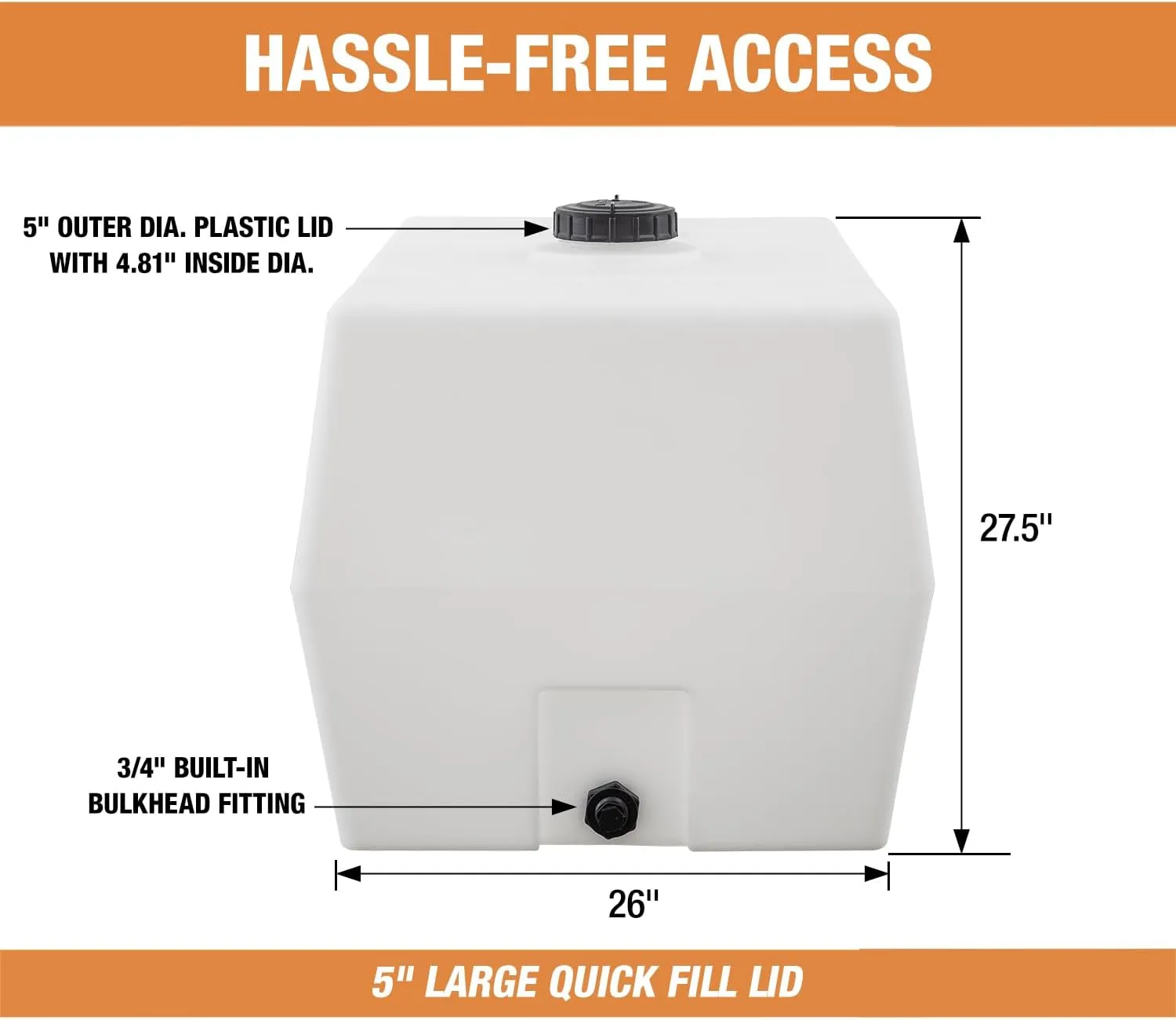 RomoTech 82123929 Horizontal Square Reservoir Water Tank, 100 gallon, Made in USA, Natural Poly Tank For Non-Flammable Liquids, UV-Resistant, Ideal for Agricultural Use, RV Water Storage