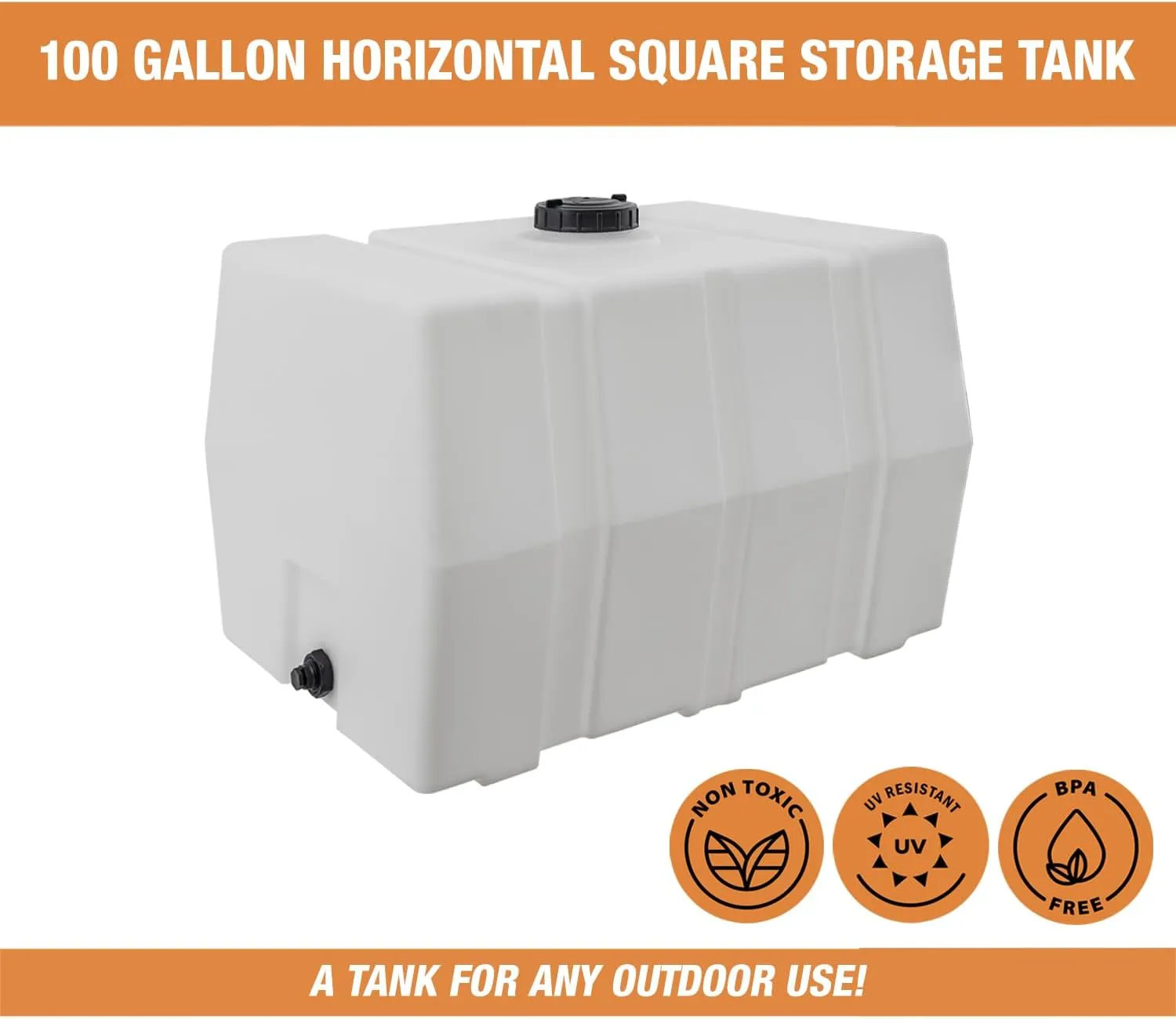 RomoTech 82123929 Horizontal Square Reservoir Water Tank, 100 gallon, Made in USA, Natural Poly Tank For Non-Flammable Liquids, UV-Resistant, Ideal for Agricultural Use, RV Water Storage