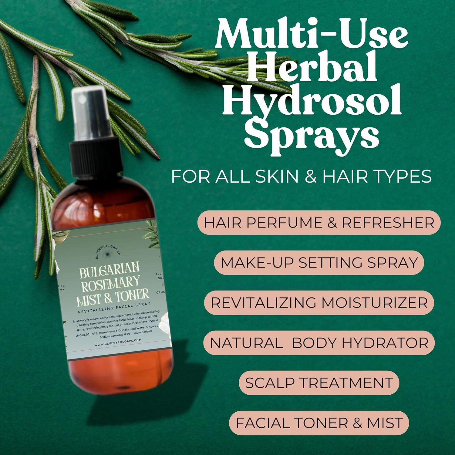 Rose Water Spray for Face & Hair – 100% Pure Steam-Distilled Rosewater Facial Toner – Alcohol-Free Hydrating Face Mist & Makeup Setting Spray – Anti-Aging & pH-Balancing Natural Skin Care (Rose)