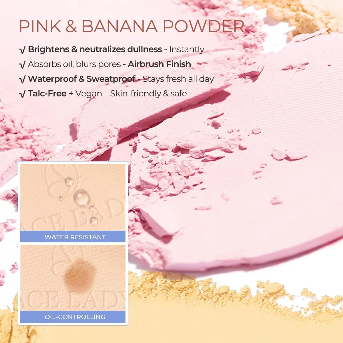 SACE LADY Face Powder Waterproof Setting Makeup, Talc-Free Oil Control Pressed Powder Compact for Women, Blurring Pores Matte Long Lasting Up to 24 Hours, Cruelty-Free (#05 Pink, 0.35Oz)