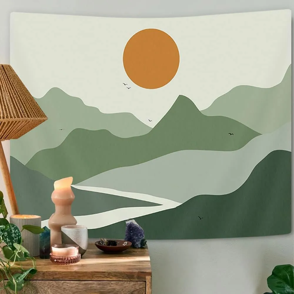 Sage Green Mountain Tapestry Aesthetic Room Decor Boho Sun Mountain Nature Art Neutral Tapestries Hippie Mid Century Terracotta Sunse Abstract Minimalist Tapestry College Wall Decor 80X60IN