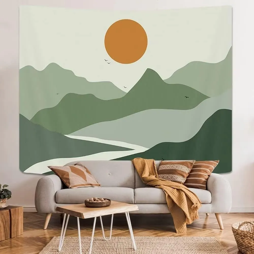 Sage Green Mountain Tapestry Aesthetic Room Decor Boho Sun Mountain Nature Art Neutral Tapestries Hippie Mid Century Terracotta Sunse Abstract Minimalist Tapestry College Wall Decor 80X60IN
