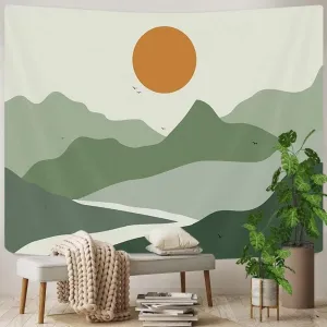 Sage Green Mountain Tapestry Aesthetic Room Decor Boho Sun Mountain Nature Art Neutral Tapestries Hippie Mid Century Terracotta Sunse Abstract Minimalist Tapestry College Wall Decor 80X60IN