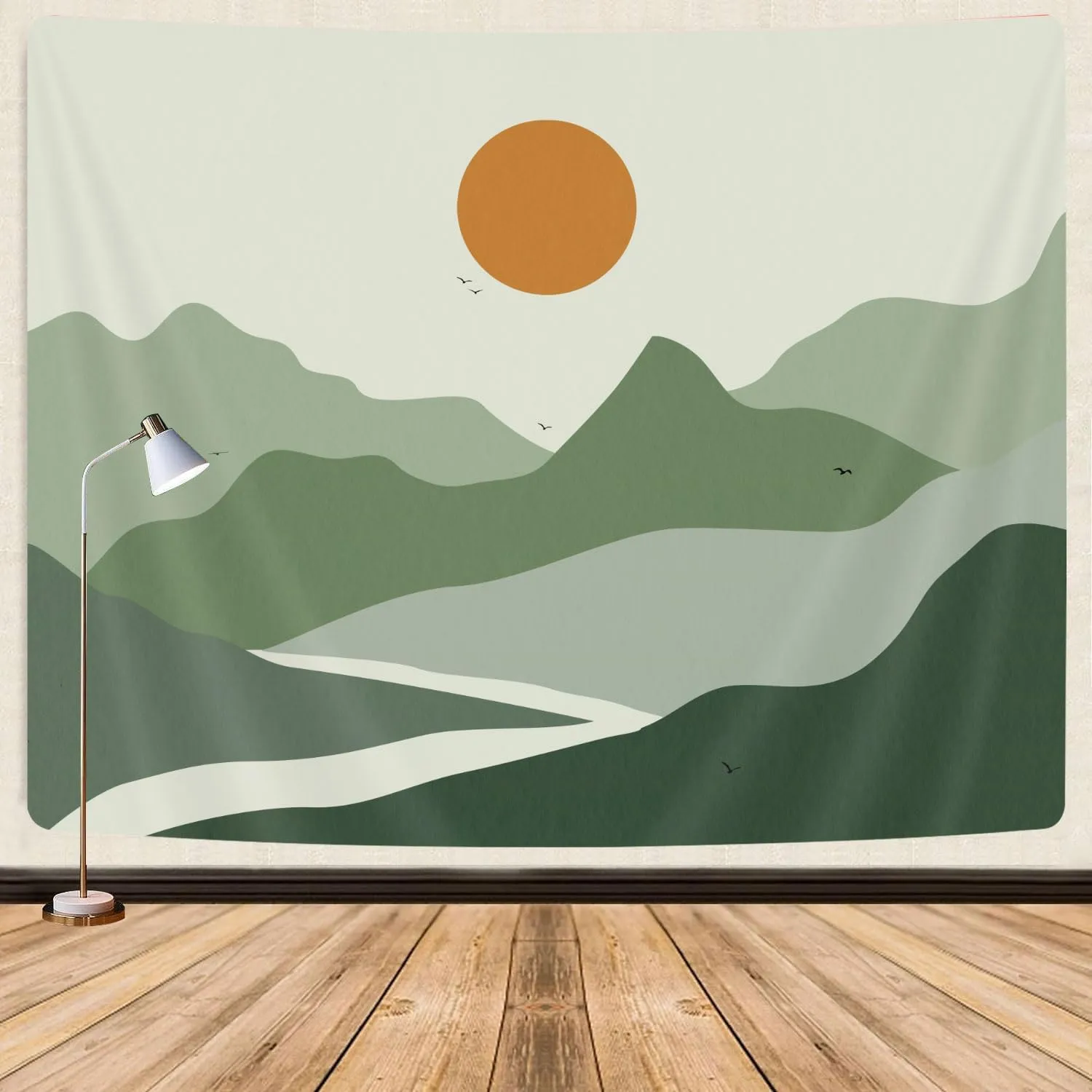 Sage Green Mountain Tapestry Aesthetic Room Decor Boho Sun Mountain Nature Art Neutral Tapestries Hippie Mid Century Terracotta Sunse Abstract Minimalist Tapestry College Wall Decor 80X60IN