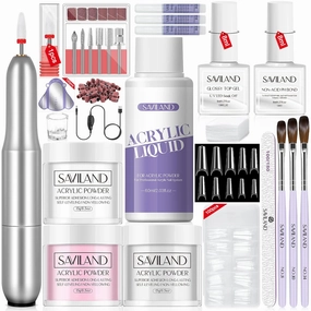 SAVILAND Acrylic Nail Kit with Drill: 15g White Pink Clear Acrylic Powder and Liquid Set with False Tips Nail Forms Brushes Primer Top Gel Manicure Tools Kit with Everything for Beginners Home DIY