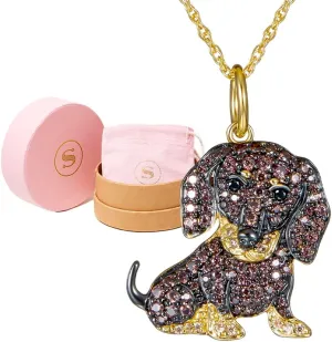 SCAMPER & CO Dog Breed Cubic Zirconia Puppy Charm Pendant Necklaces for Women - Genuine Gemstone with Elegant Backplate, Premium Plated Sterling Silver Necklace for Women Easy Closure 18 to 20 inch