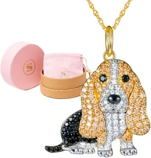 SCAMPER & CO Dog Breed Cubic Zirconia Puppy Charm Pendant Necklaces for Women - Genuine Gemstone with Elegant Backplate, Premium Plated Sterling Silver Necklace for Women Easy Closure 18 to 20 inch