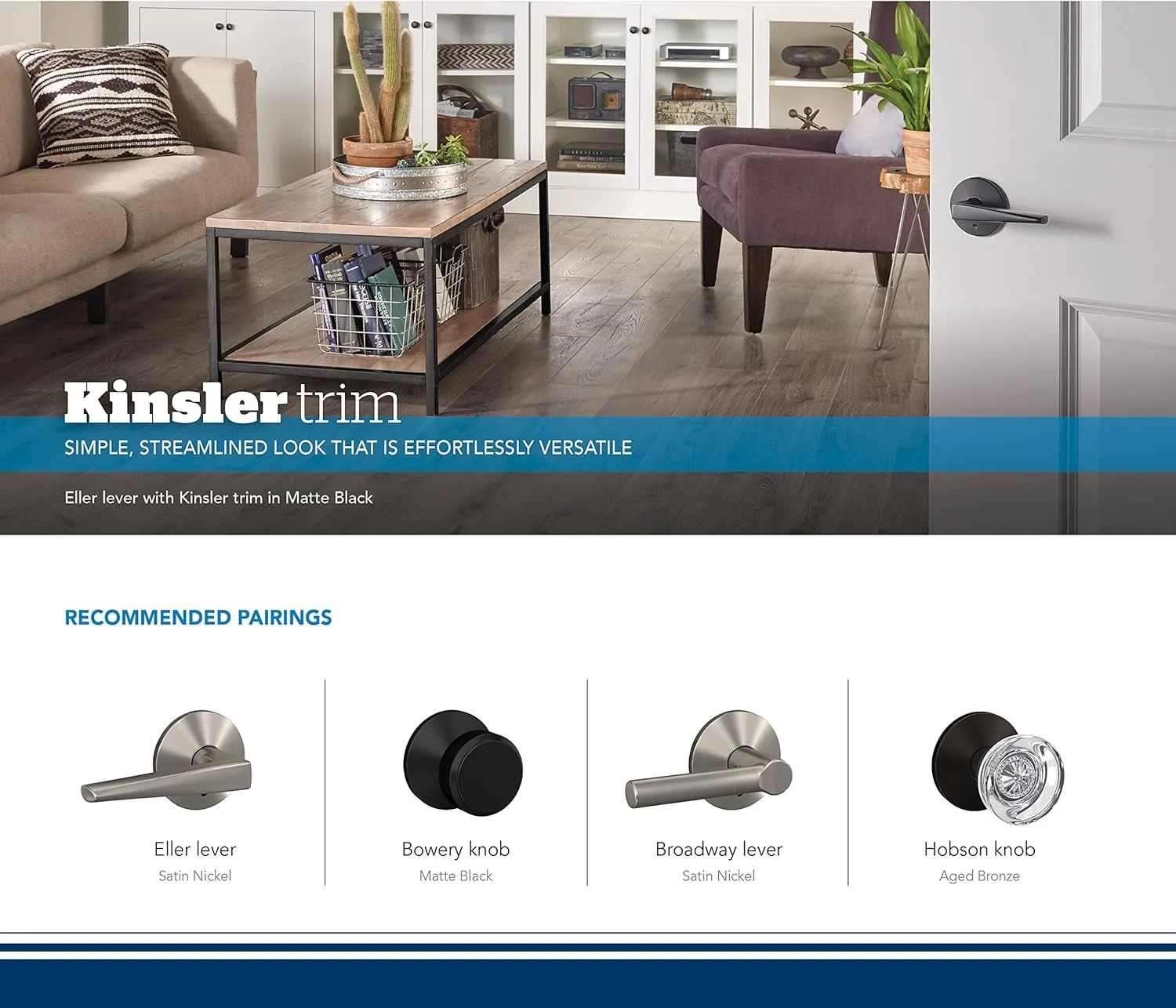 Schlage Custom FC172 HOB 622 KIN Hobson Non-Turning Glass Knob with Kinsler Trim, Matte Black