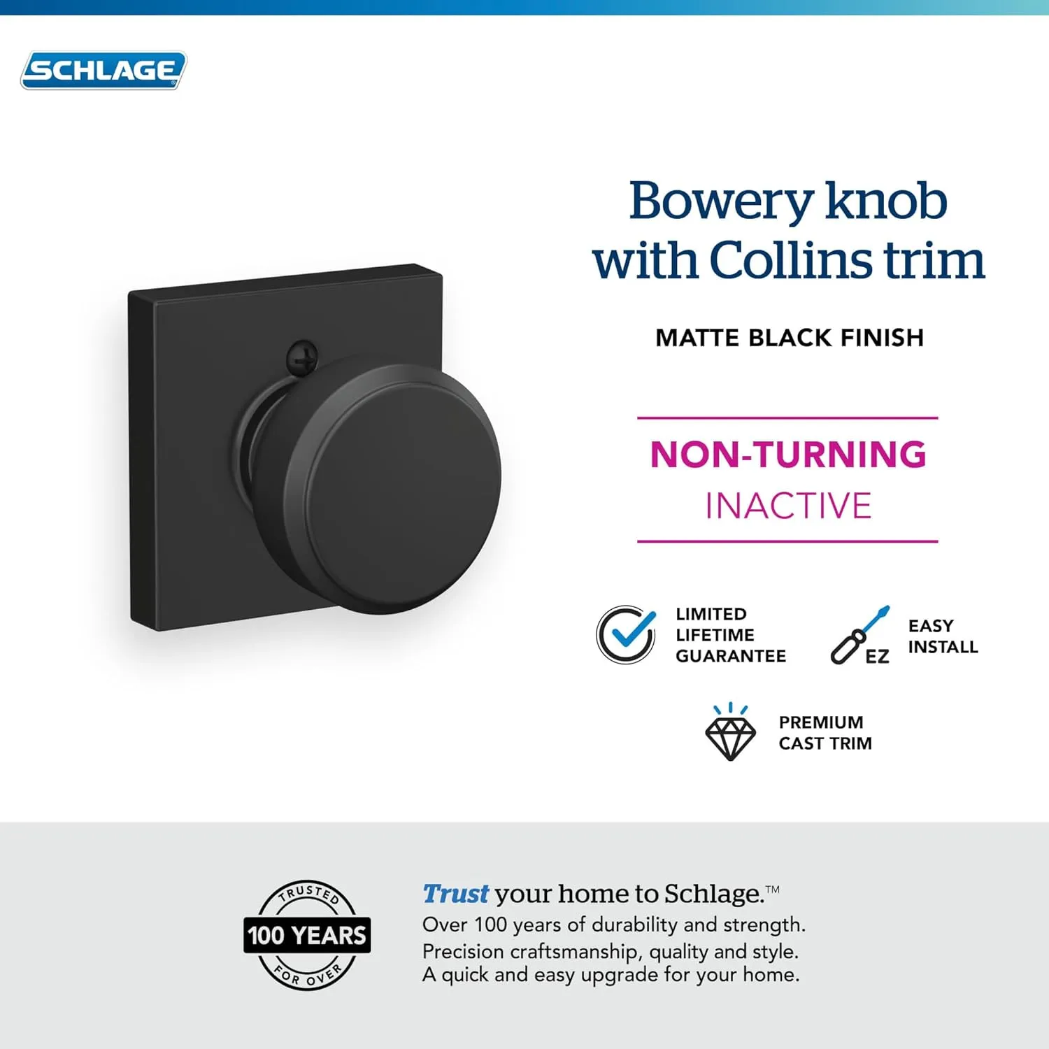 Schlage F170 BWE 622 COL Bowery Knob with Collins Trim Non-Turning Dummy Door Handle, Matte Black