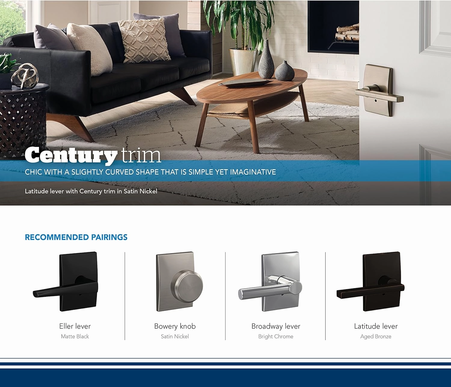 Schlage Custom FC21 ELR 622 CEN Eller Lever with Century Trim Hall-Closet and Bed-Bath Lock, Matte Black