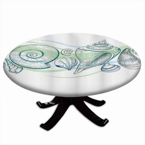 Seashells Round Tablecloth with Elastic Edge, Pastel Color Graphics of Mollusk Sketchy Features and Other Sea Elements, Suitable for Dining Tables, Fit for 32" Table, White Green
