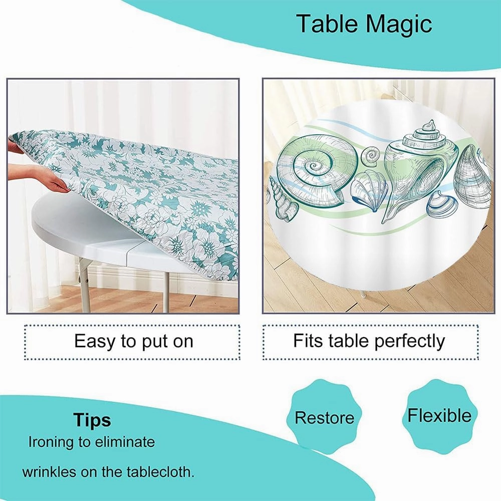 Seashells Round Tablecloth with Elastic Edge, Pastel Color Graphics of Mollusk Sketchy Features and Other Sea Elements, Suitable for Dining Tables, Fit for 32" Table, White Green