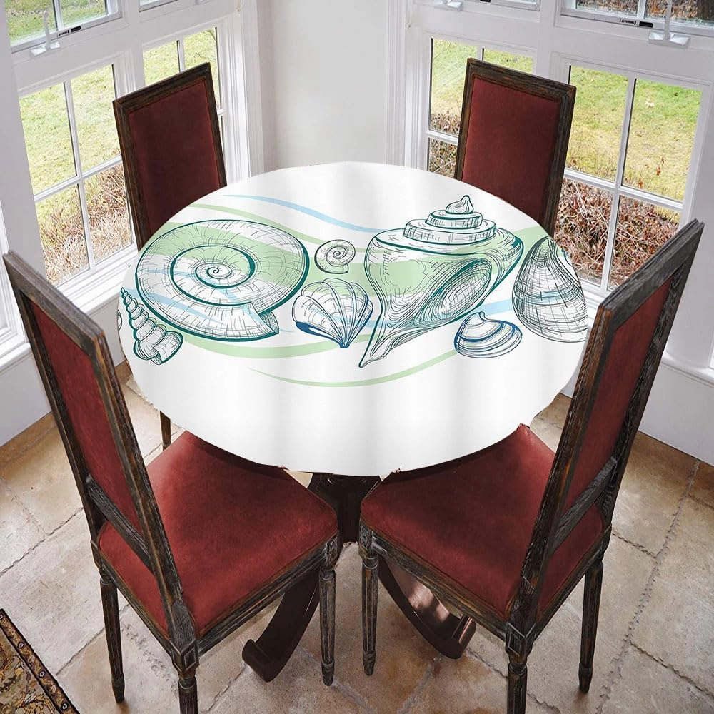 Seashells Round Tablecloth with Elastic Edge, Pastel Color Graphics of Mollusk Sketchy Features and Other Sea Elements, Suitable for Dining Tables, Fit for 32" Table, White Green