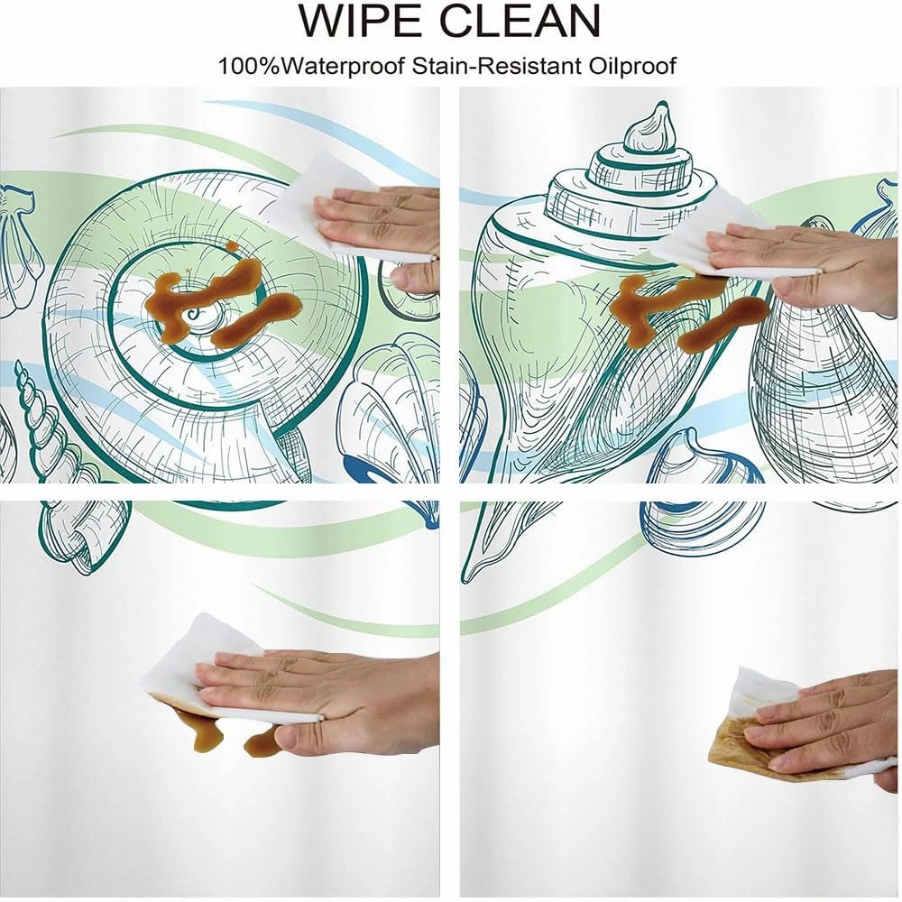 Seashells Round Tablecloth with Elastic Edge, Pastel Color Graphics of Mollusk Sketchy Features and Other Sea Elements, Suitable for Dining Tables, Fit for 32" Table, White Green
