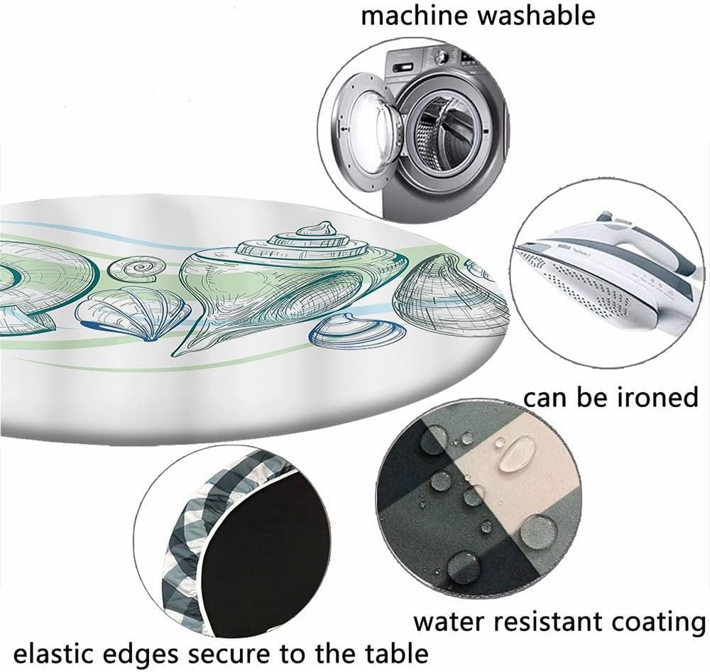 Seashells Round Tablecloth with Elastic Edge, Pastel Color Graphics of Mollusk Sketchy Features and Other Sea Elements, Suitable for Dining Tables, Fit for 32" Table, White Green