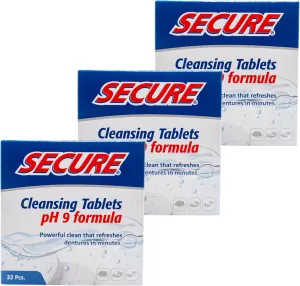 Secure Daily Cleansing Tablets - pH 9 Formula Thoroughly Cleans Dentures - FSA & HSA Approved - Fights Odors, Stains & Germs - For Dentures, Nightguards, Retainers & Partials - 32 Tablets (3 Pack)