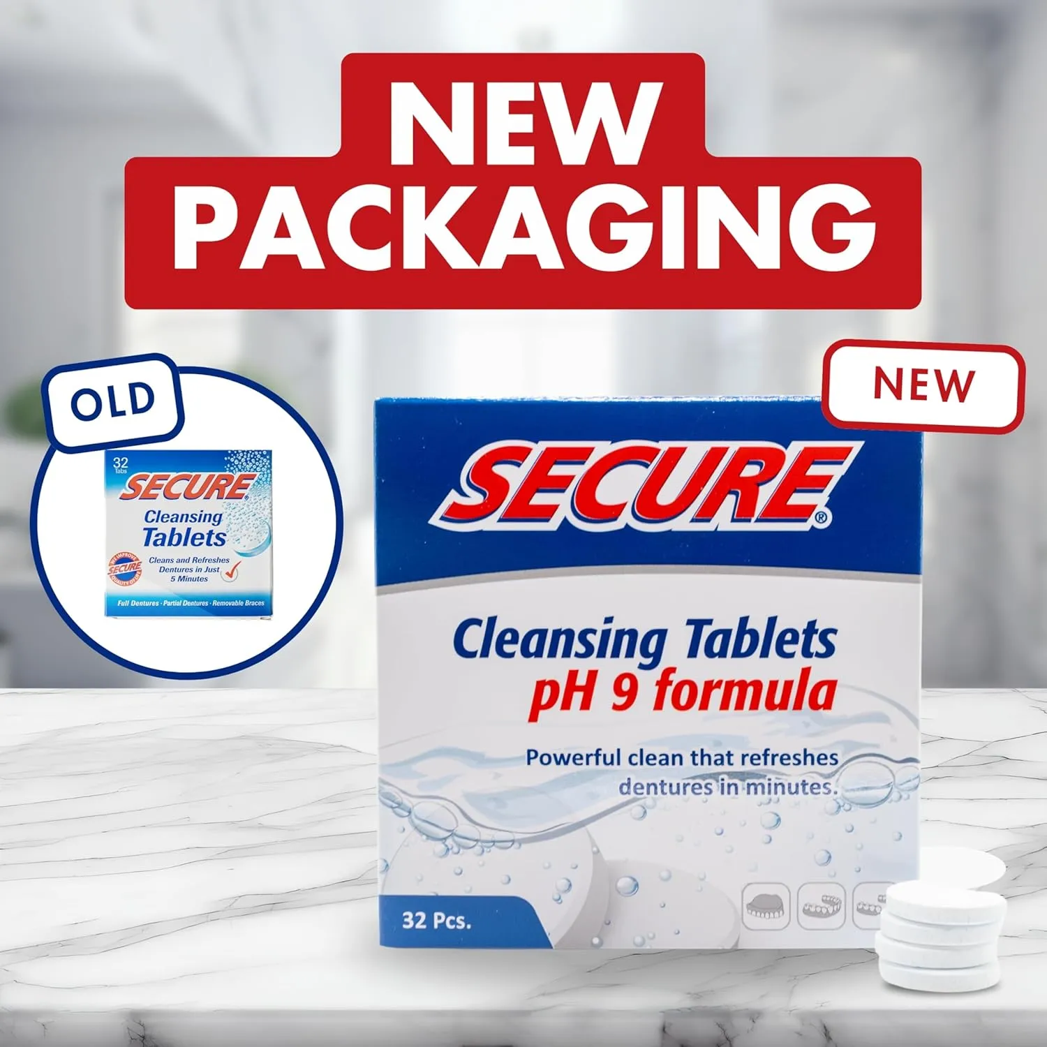Secure Daily Cleansing Tablets - pH 9 Formula Thoroughly Cleans Dentures - FSA & HSA Approved - Fights Odors, Stains & Germs - For Dentures, Nightguards, Retainers & Partials - 32 Tablets (3 Pack)