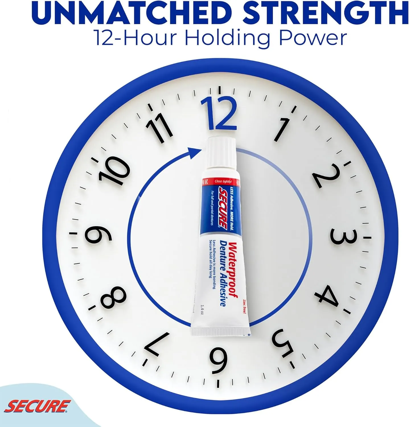 Secure Waterproof Denture Adhesive - Zinc Free - Extra Strong 12 Hour Hold - 1.4 oz (Pack of 2)