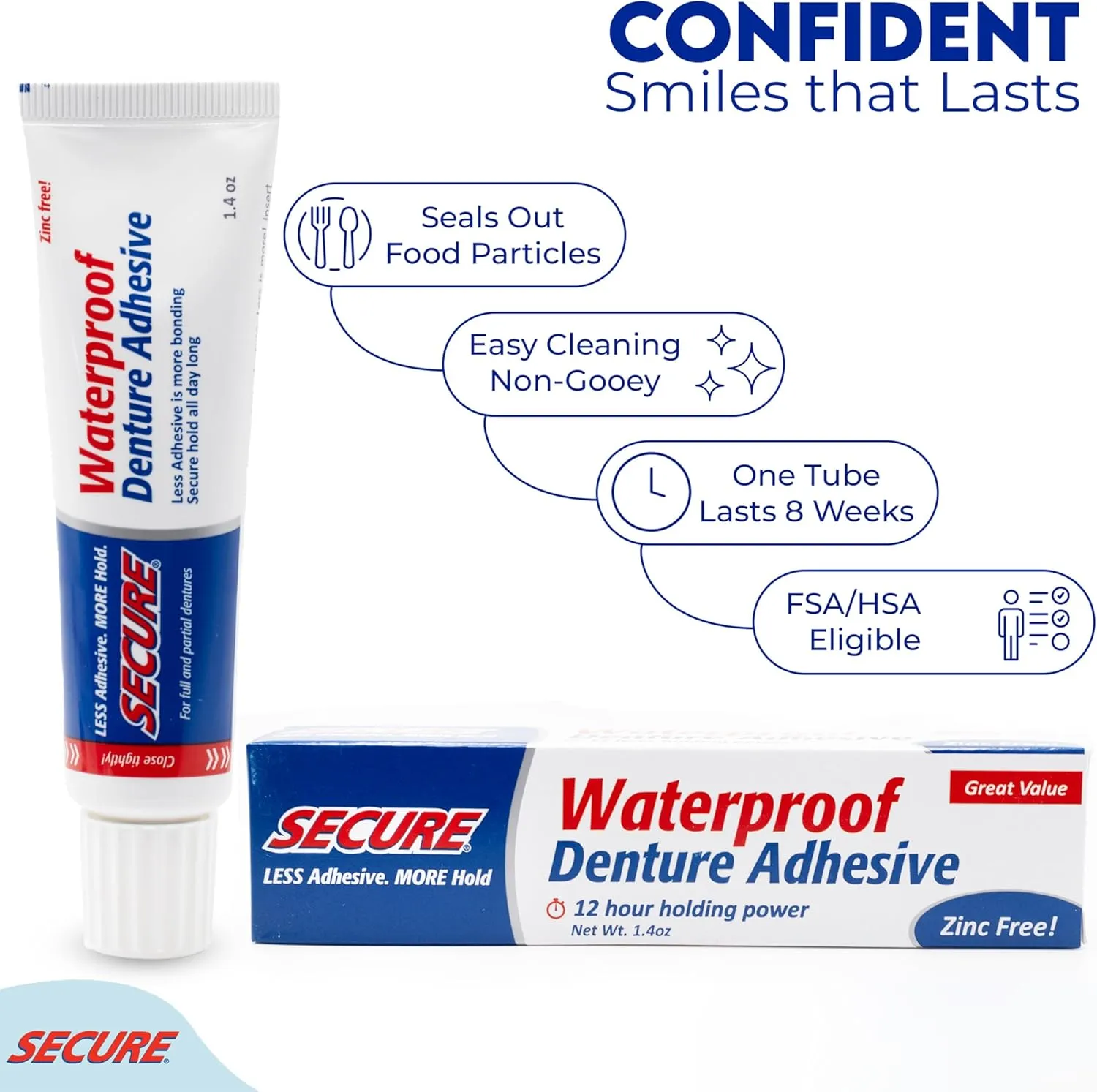 Secure Waterproof Denture Adhesive - Zinc Free - Extra Strong 12 Hour Hold - 1.4 oz (Pack of 2)