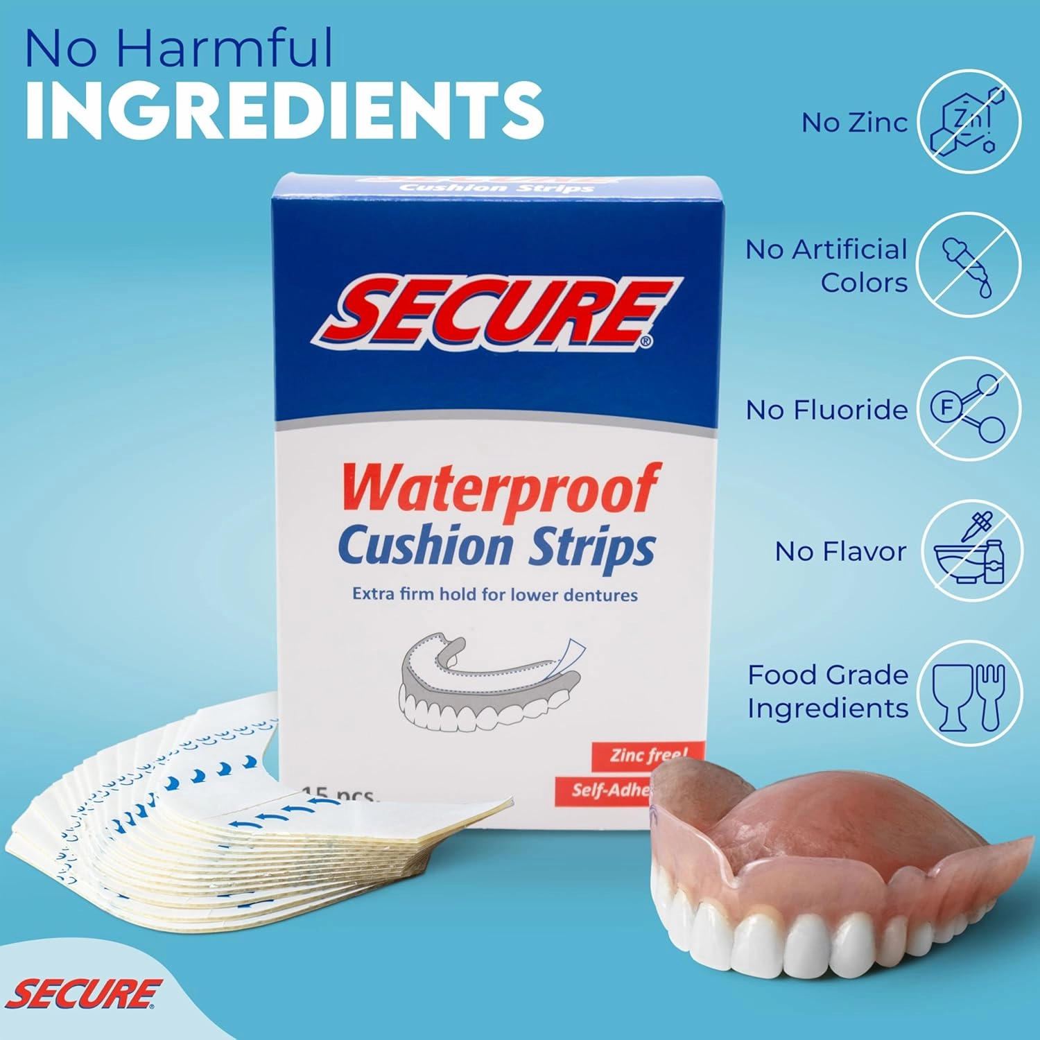 Secure Denture Adhesive Strips – Zinc Free – Waterproof – Comfortable Cushion Fit for Uppers & Lowers – Extra Firm All-Day-Hold – No Mess – Clean Ingredients – 60 Strips (4 Pack)