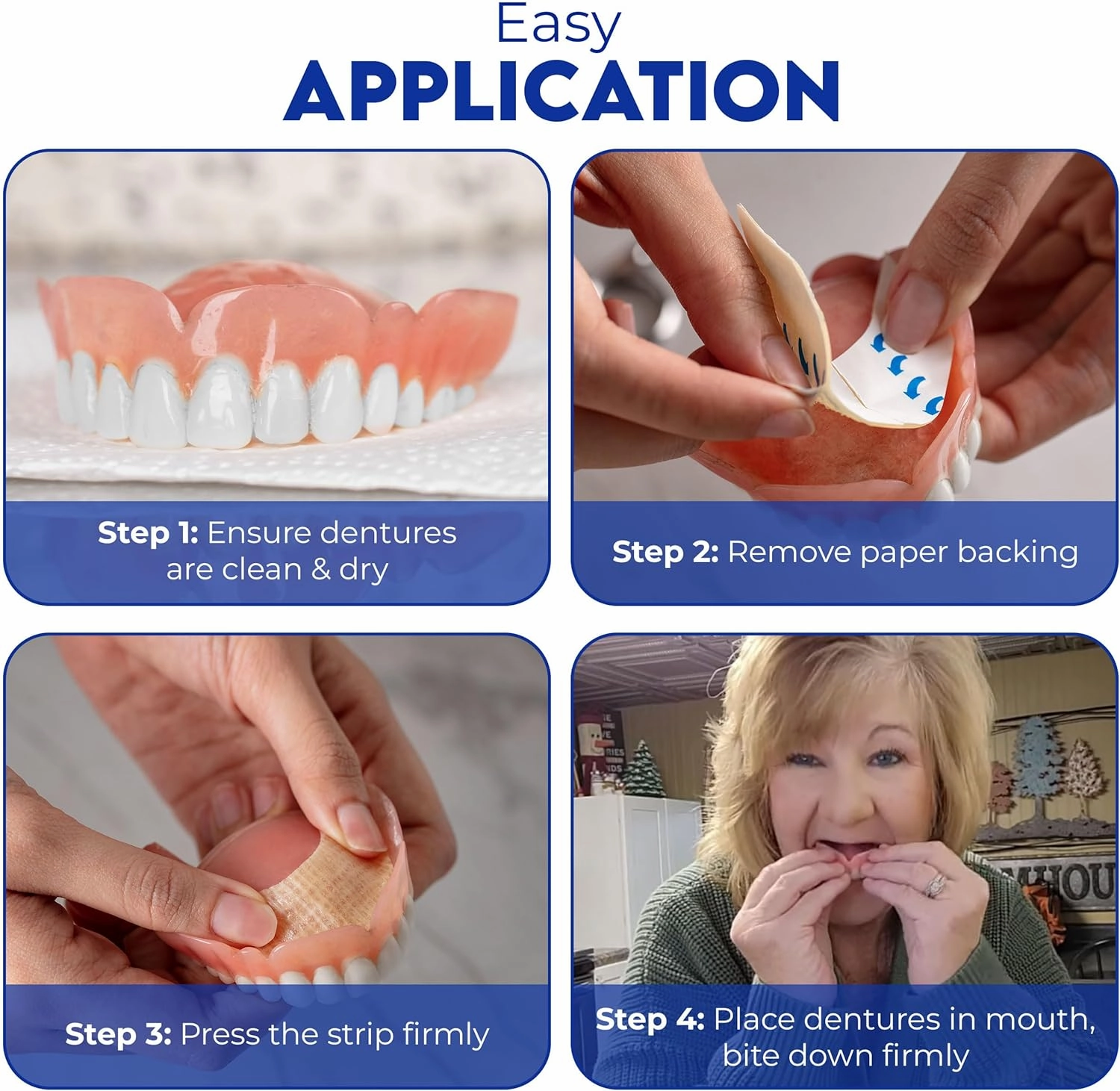 Secure Denture Adhesive Strips – Zinc Free – Waterproof – Comfortable Cushion Fit for Uppers & Lowers – Extra Firm All-Day-Hold – No Mess – Clean Ingredients – 60 Strips (4 Pack)