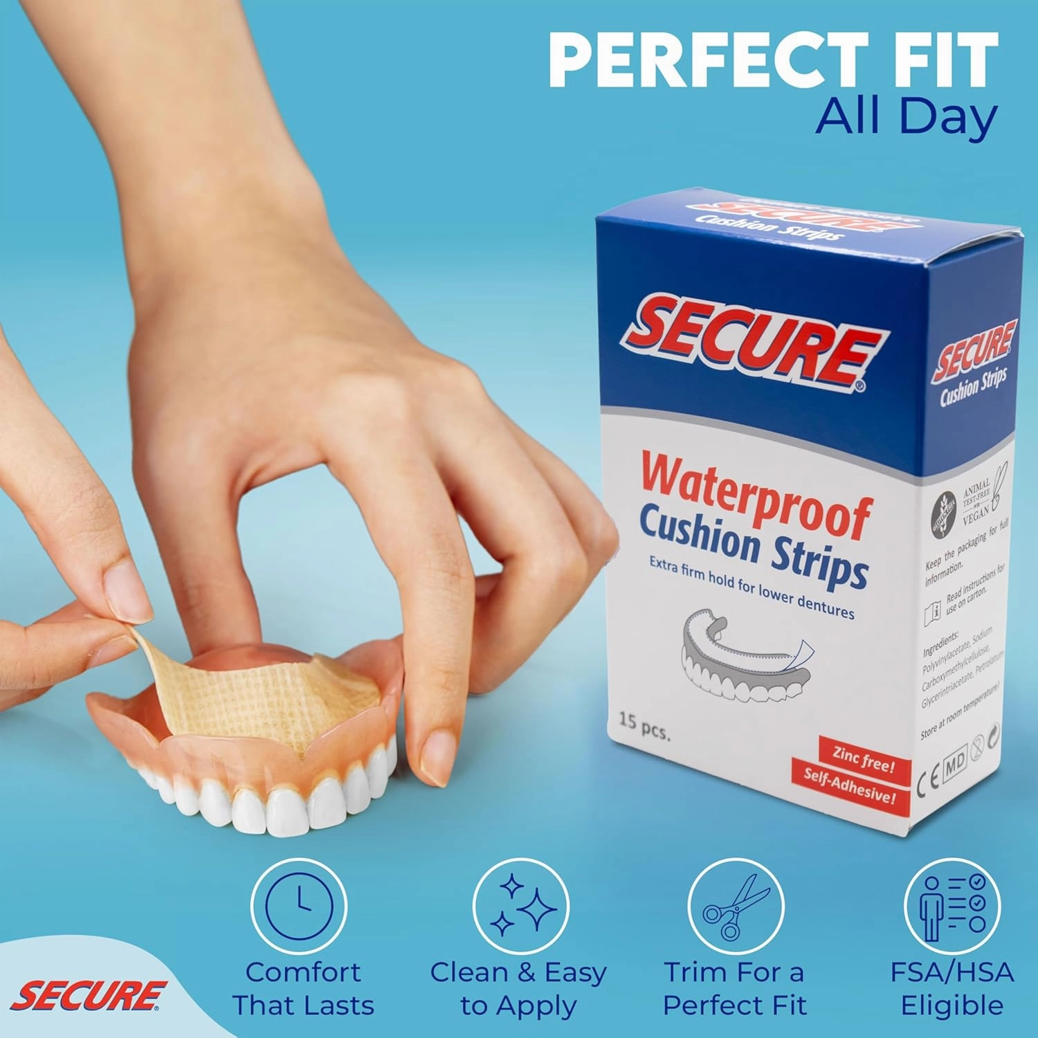 Secure Denture Adhesive Strips – Zinc Free – Waterproof – Comfortable Cushion Fit for Uppers & Lowers – Extra Firm All-Day-Hold – No Mess – Clean Ingredients – 60 Strips (4 Pack)