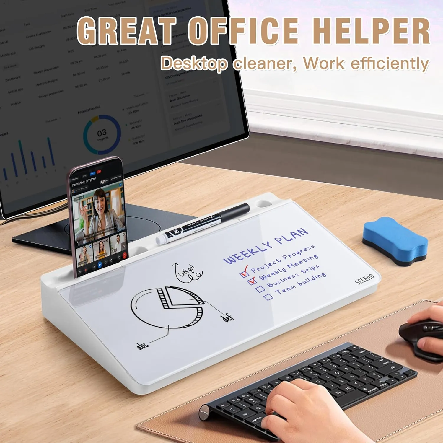 SELEAD Desktop Glass Whiteboard with Storage, Small Dry Erase White Board Computer Pad Keyboard Stand for Home, School, Office Desk Accessories - White