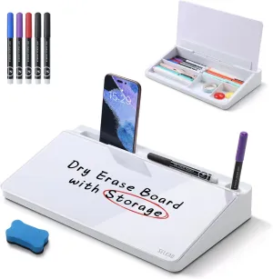 SELEAD Desktop Glass Whiteboard with Storage, Small Dry Erase White Board Computer Pad Keyboard Stand for Home, School, Office Desk Accessories - White