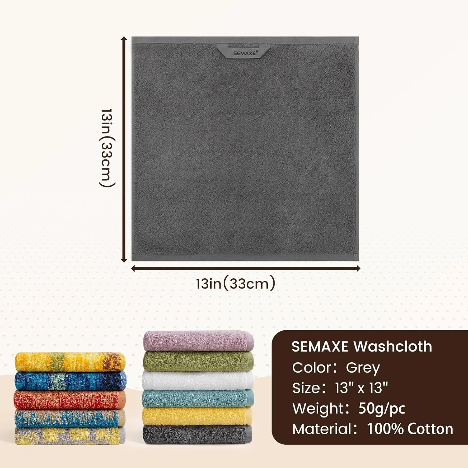 SEMAXE 100% Cotton Washcloths 12-Pack, 13 × 13 Inch Soft Luxury Face Towels – Super Absorbent & Quick-Dry, Premium Cloth with Hanging Loop, Oeko-TEX Certified, Gift-Ready Box