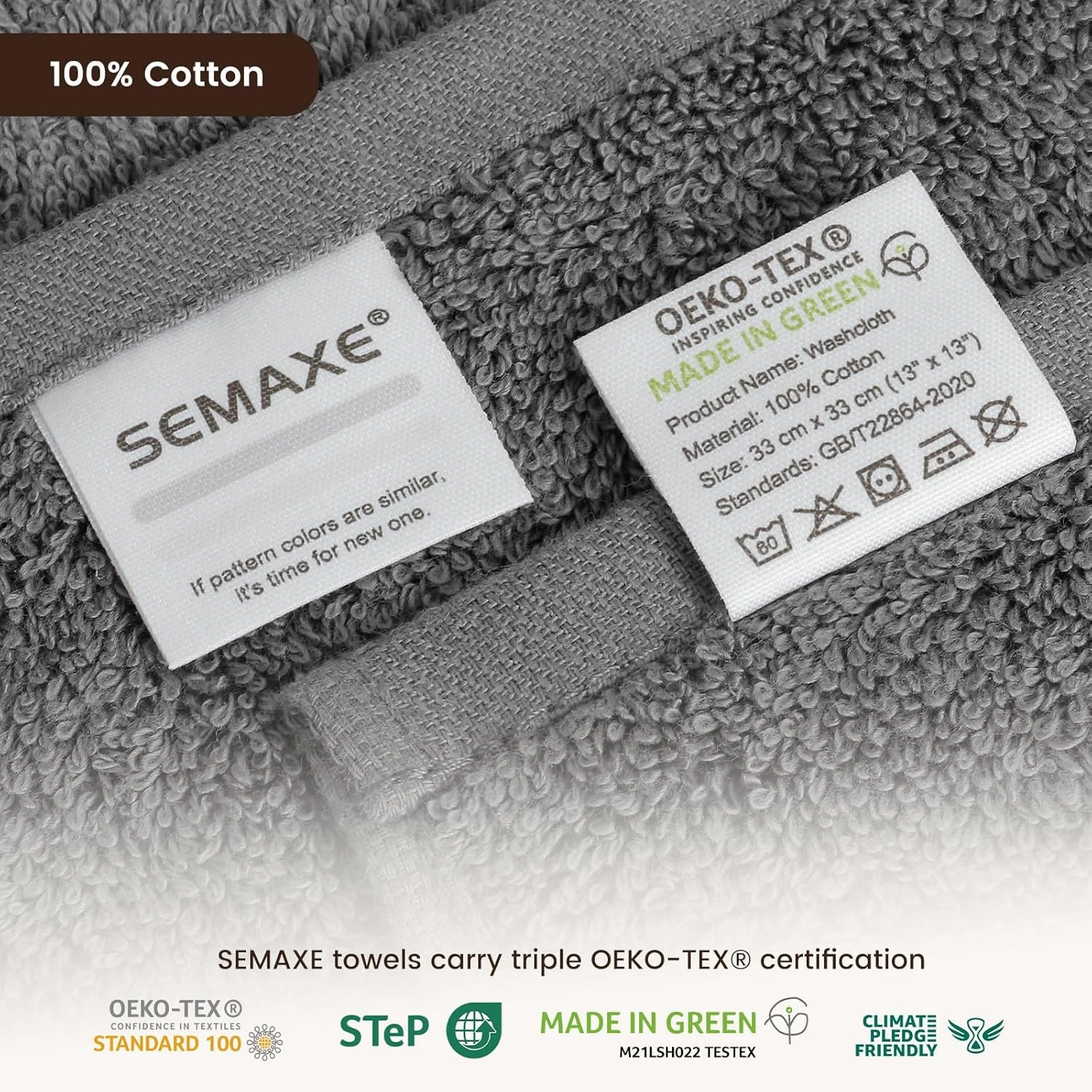 SEMAXE 100% Cotton Washcloths 12-Pack, 13 × 13 Inch Soft Luxury Face Towels – Super Absorbent & Quick-Dry, Premium Cloth with Hanging Loop, Oeko-TEX Certified, Gift-Ready Box