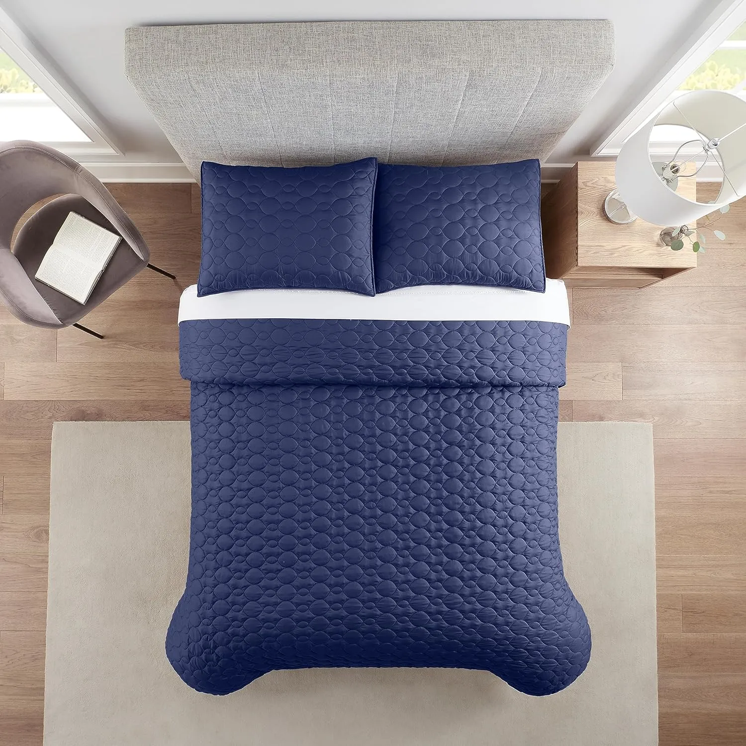 Serta Simply Comfort Soft Modern 3 Piece Solid Bedding Quilt Set with Pillow Case for All Season, Full/Queen, Navy