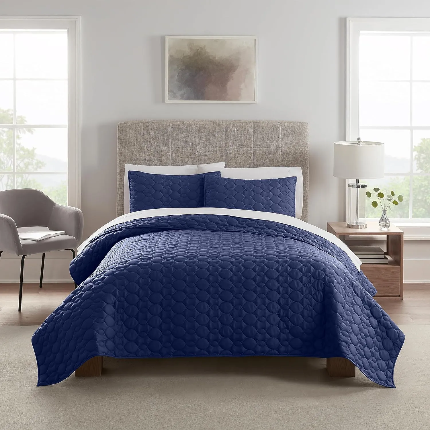 Serta Simply Comfort Soft Modern 3 Piece Solid Bedding Quilt Set with Pillow Case for All Season, Full/Queen, Navy